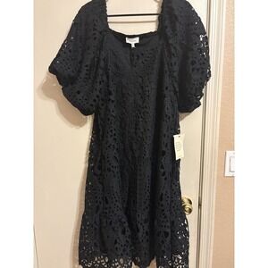 böhme Black Lace Floral Mini Dress Square Neck Puff Sleeve XL
